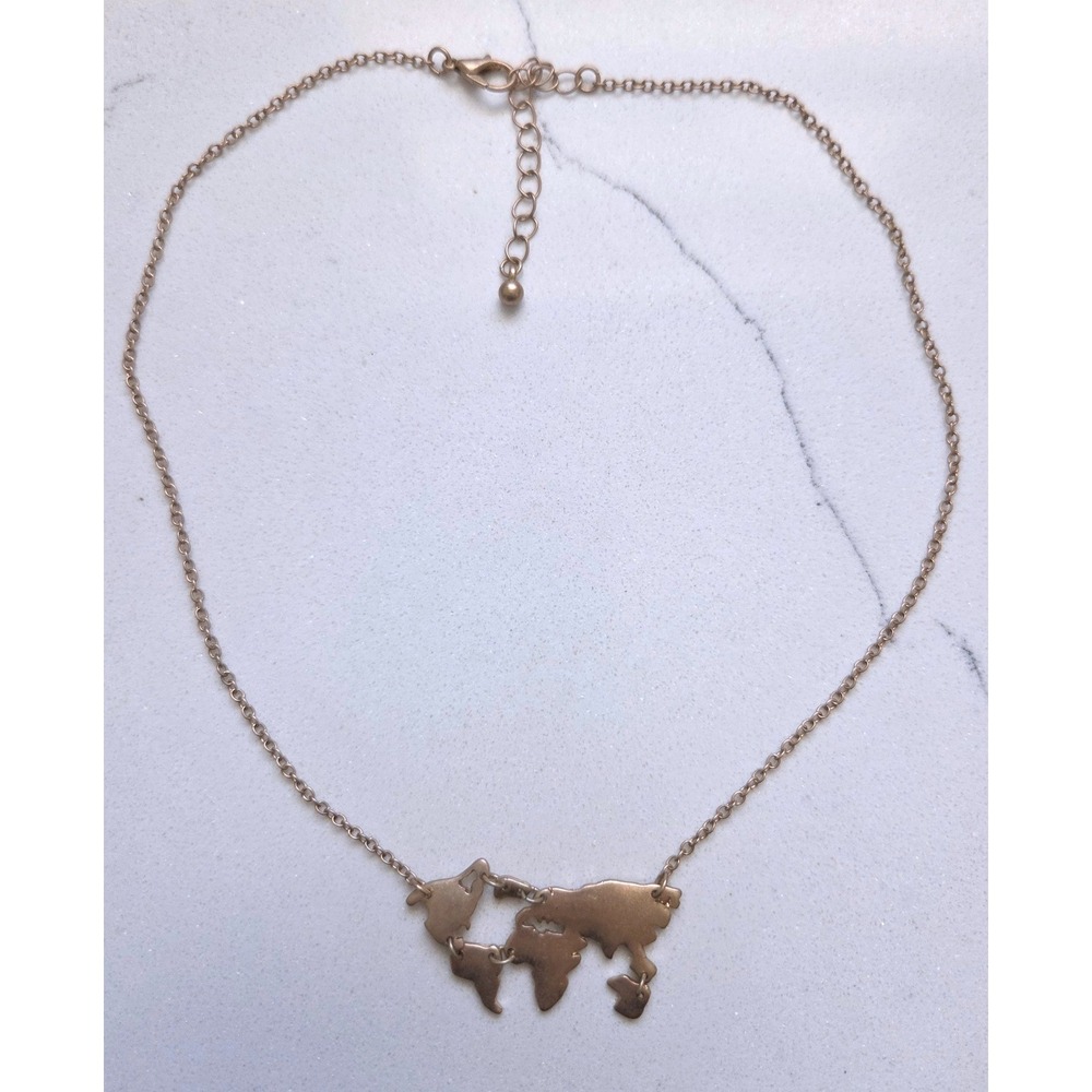Gold Tone World Map Pendant Necklace Travel Wanderlust Minimalist Jewelry